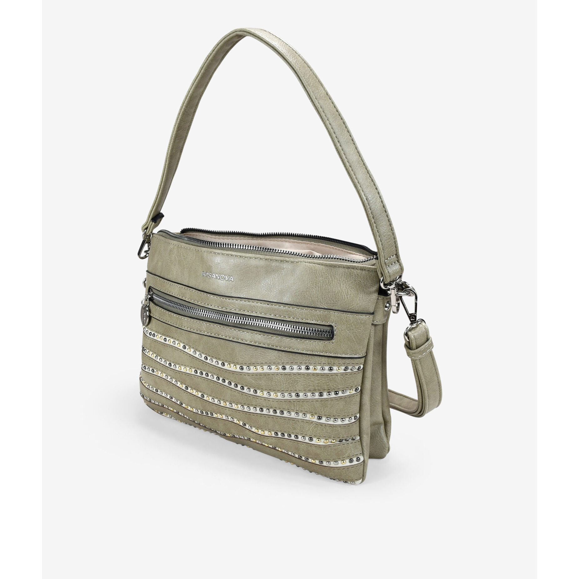 Bolso de hombro verde con cremallera y tachas