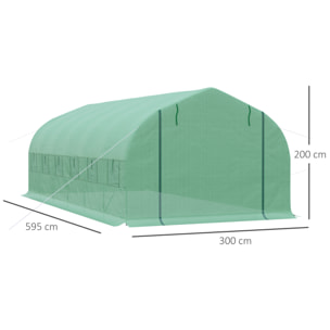 Invernadero de Túnel 595x300x200 cm con 12 Ventanas y Puerta Enrollable Verde