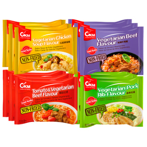 Pack de 12. Tomate y ternera / pollo / ternera / costilla de cerdo. Noodles instantaneos no fritos, aptos para vegetarianos.