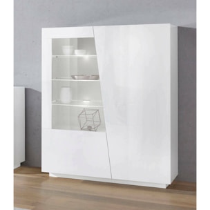 Vetrina Ask, Credenza con anta a vetro, Mobile da soggiorno multiuso con luce LED, 100% Made in Italy, cm 120x43h146, Bianco lucido
