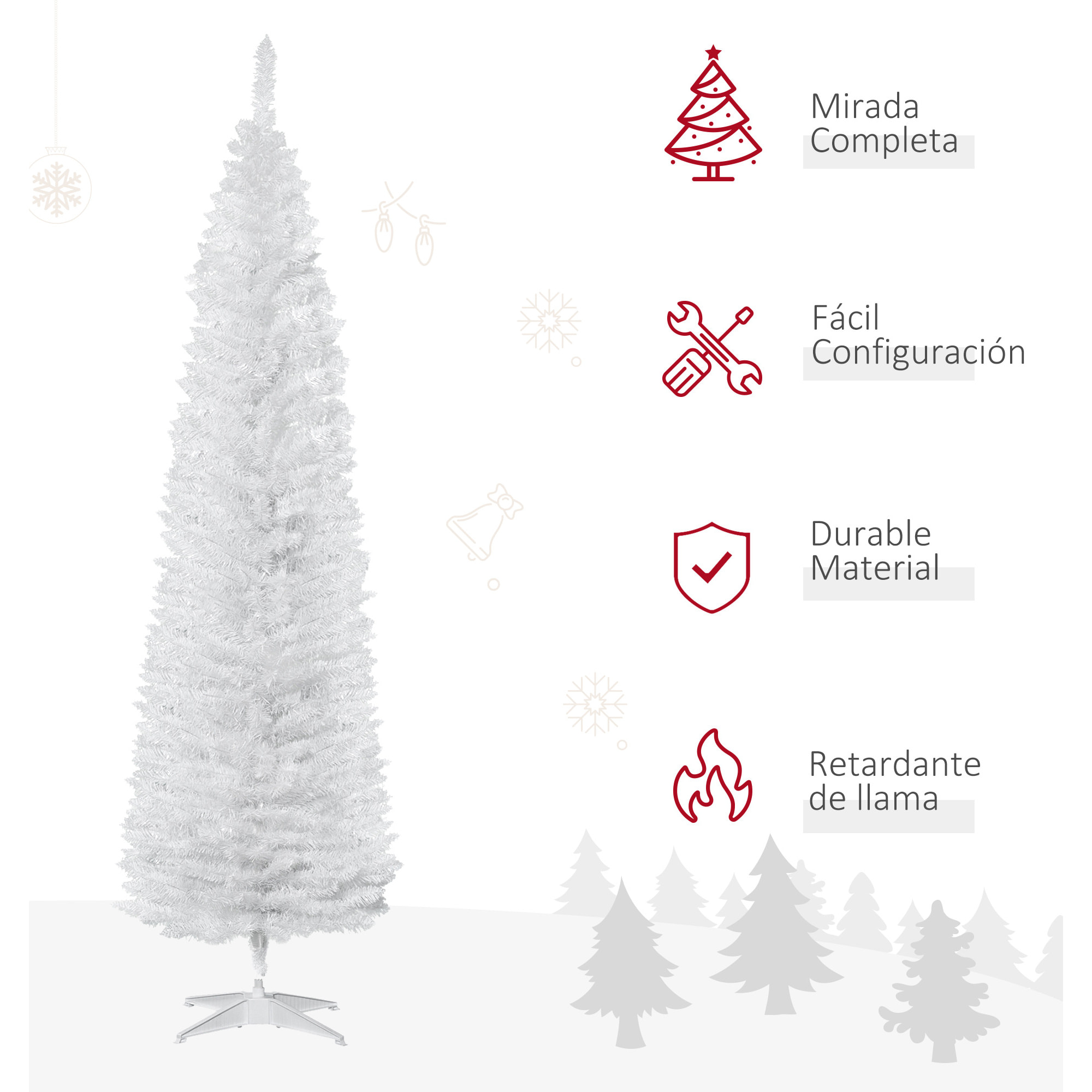 Árbol de Navidad Estrecho 210 cm, Árbol Artificial con 499 Ramas, Base de Plástico Desmontable, Fácil Montaje, para Salón Interior, Blanco