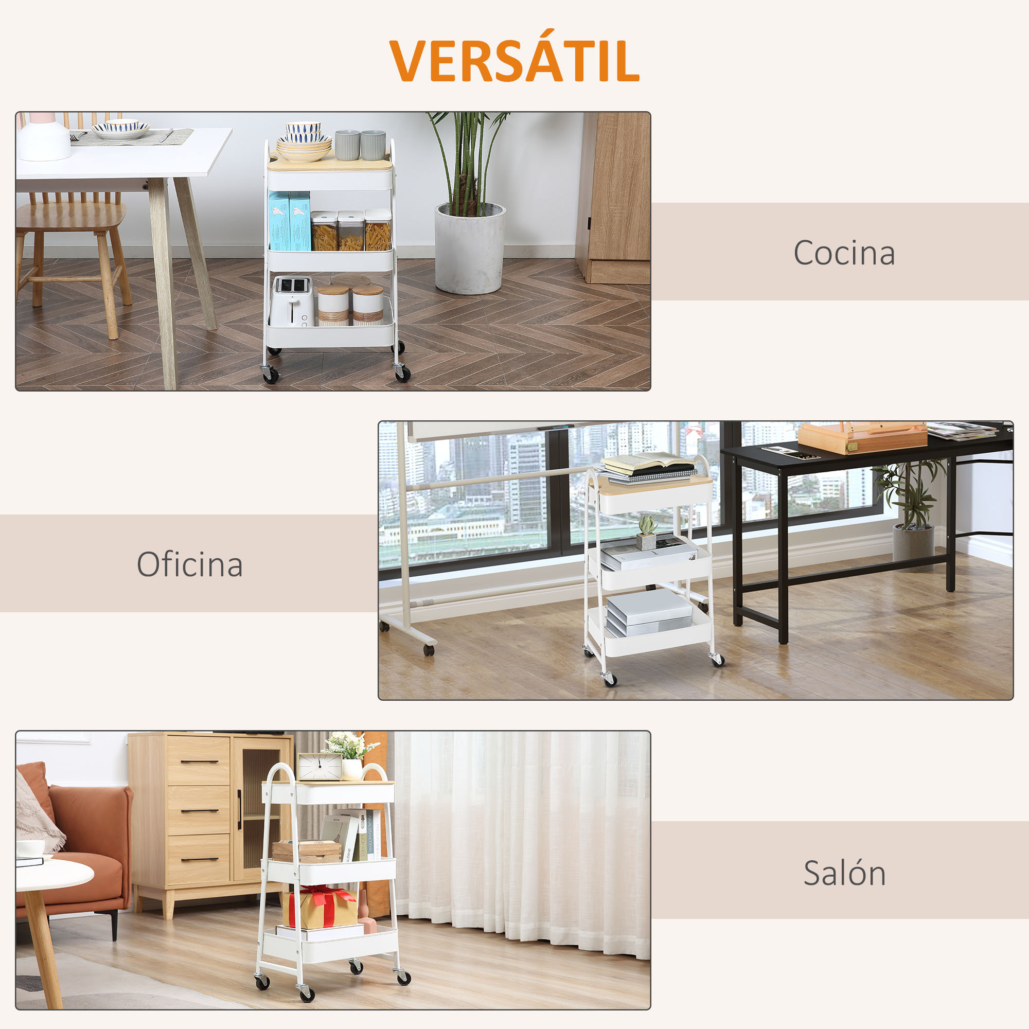 Carrito Auxiliar con Ruedas de 3 Niveles, Carrito de Cocina con 3 Cestas de Acero y 1 Placa de Cubierta, para Comedor, Sala Baño, 45x31x79,4 cm, Blanco