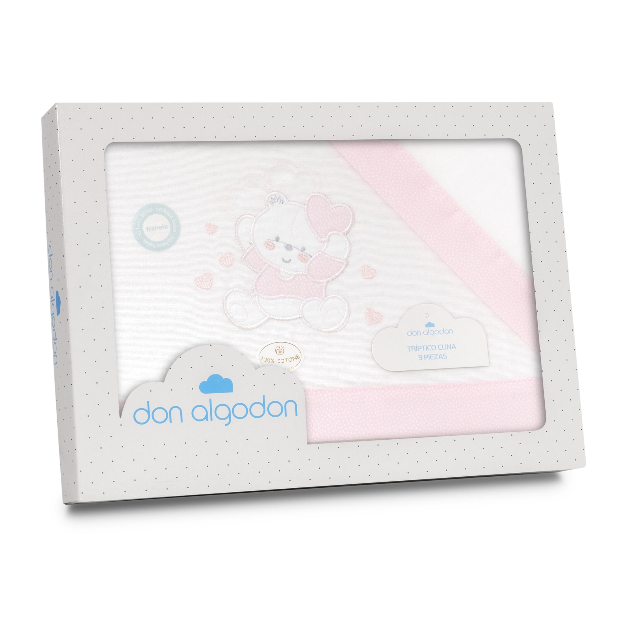 Triptico Coche Franela D. Algodon Oso Corazones Bco/Rosa
