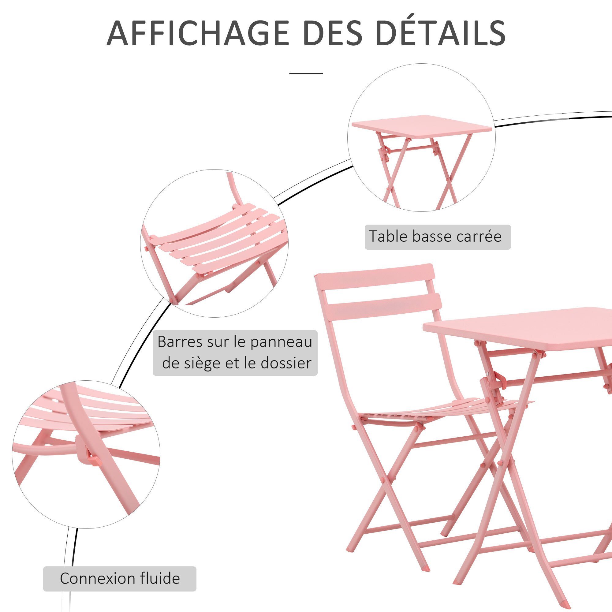 Salon de jardin bistro pliable - table carrée dim. 60L x 60l x 71H cm avec 2 chaises - métal thermolaqué rose
