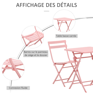 Salon de jardin bistro pliable - table carrée dim. 60L x 60l x 71H cm avec 2 chaises - métal thermolaqué rose