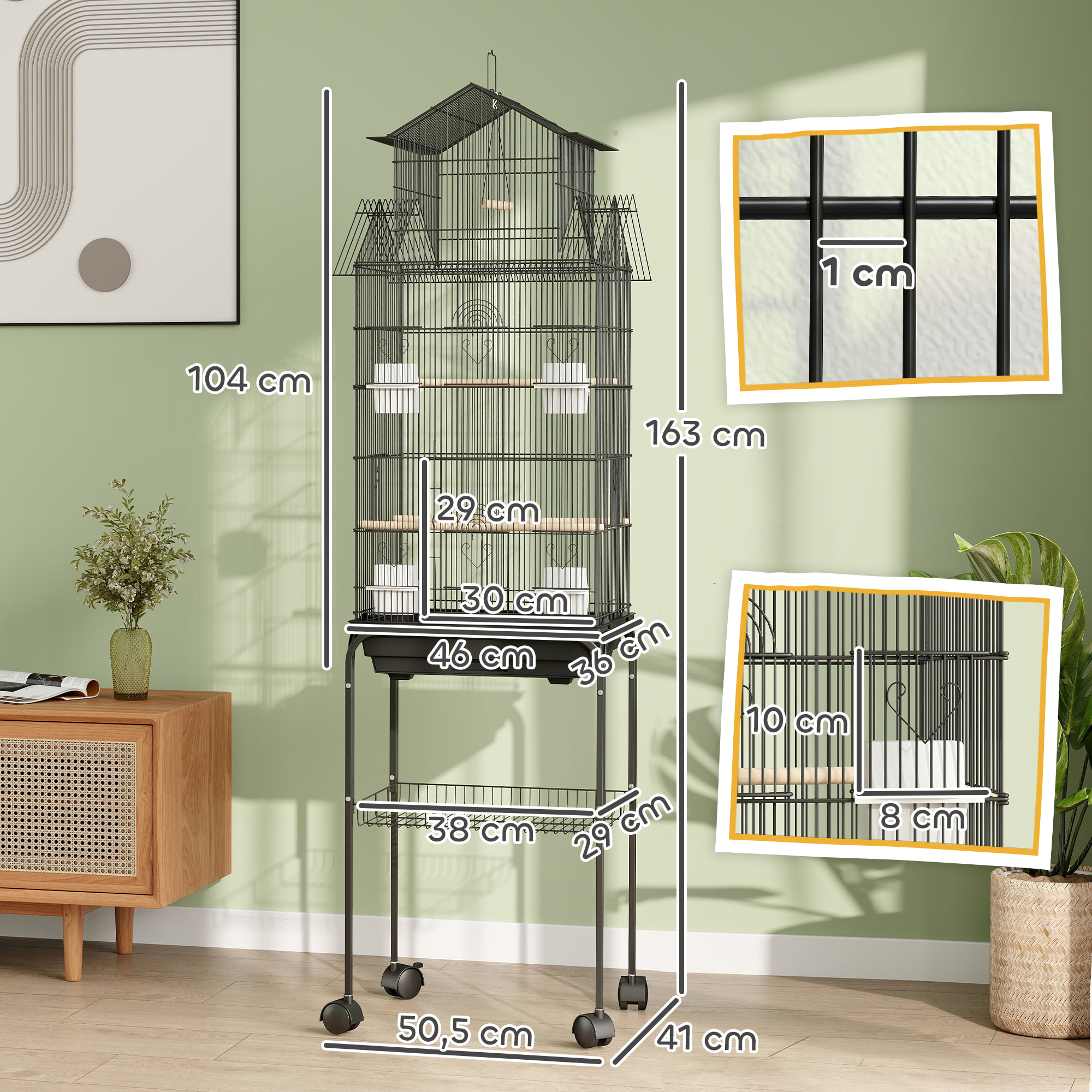 Cage à oiseaux design maison sur roulettes mangeoires perchoirs balançoire grande porte 8 trappes plateau déjection