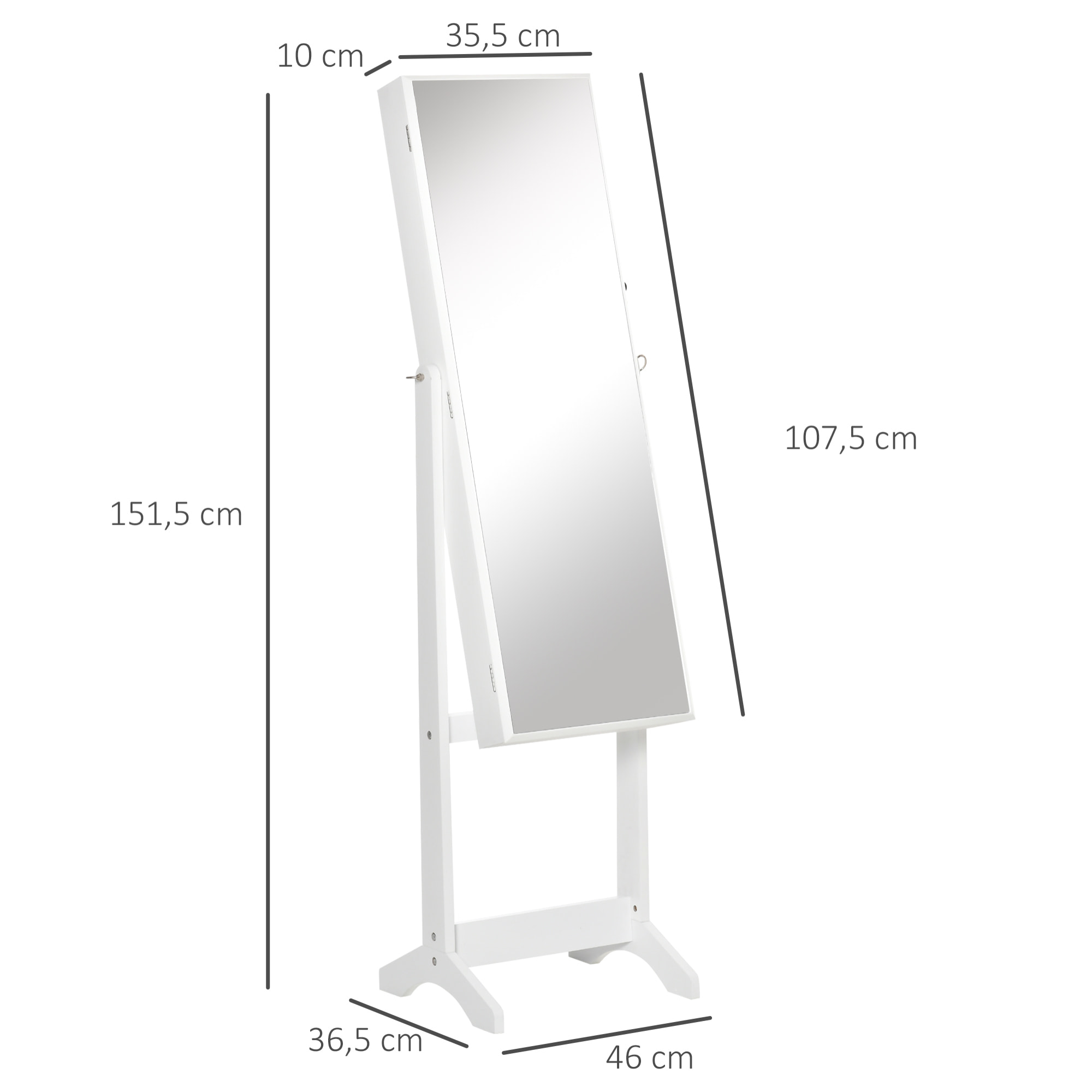 Armoire à bijoux avec miroir à pied multi-rangement inclinaison réglable serrure dim. 46L x 36,5l x 151,5H cm MDF blanc