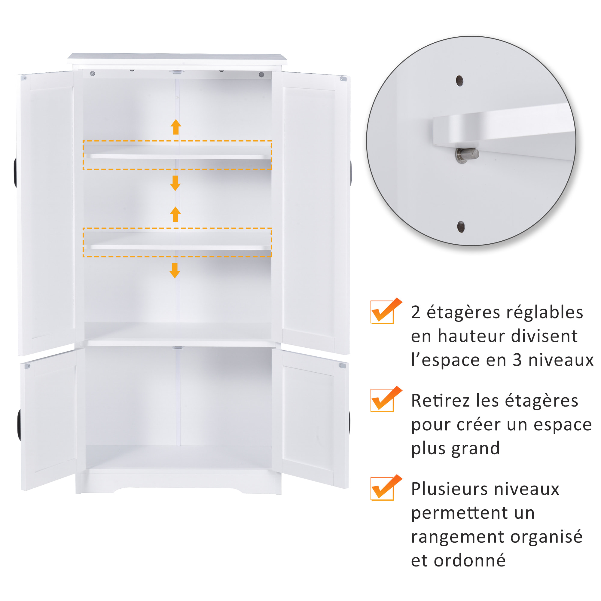 Armoire de cuisine contemporaine multi-rangements 2 placards 3 étagères MDF panneaux particules blanc