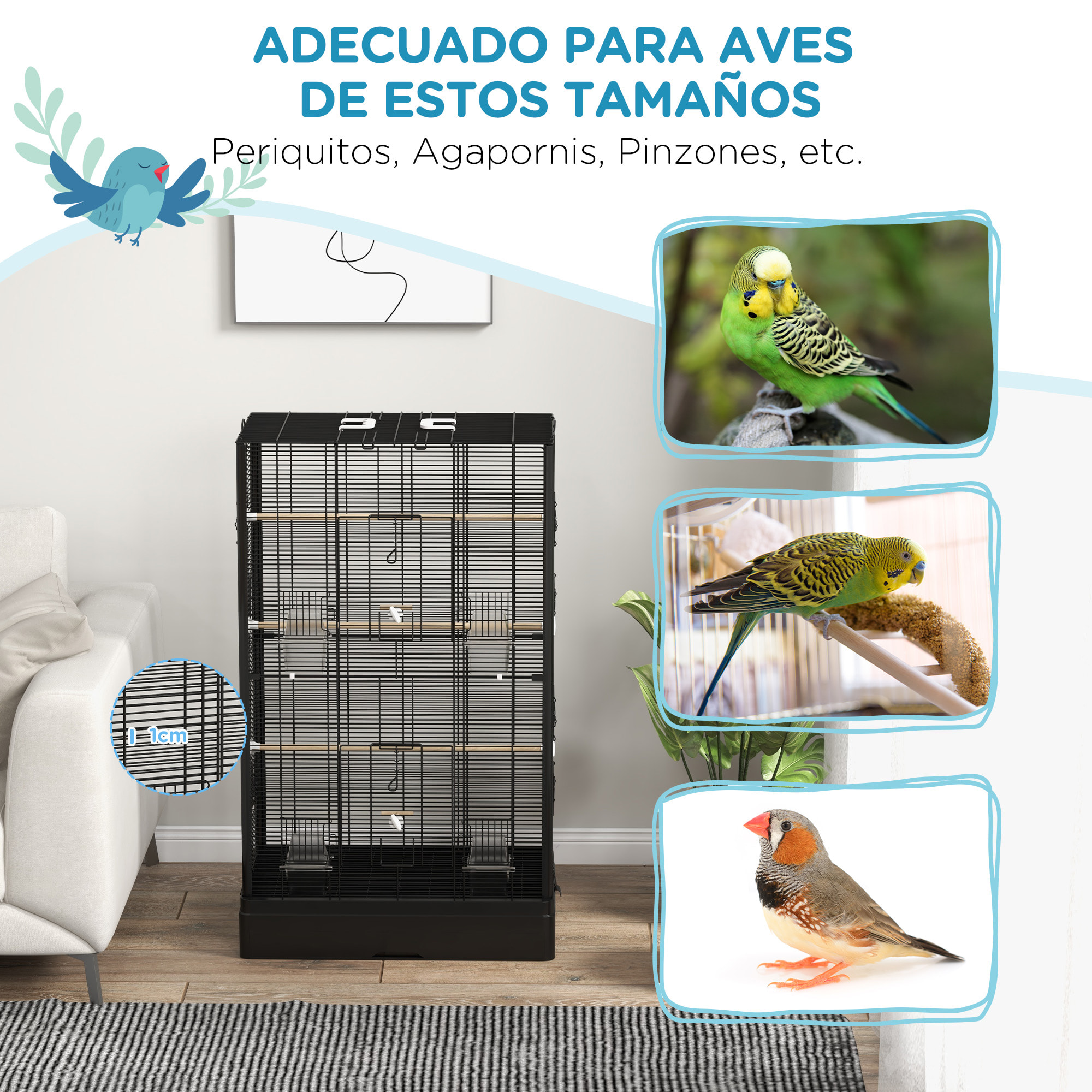 Jaula para Pájaros 61x36,5x98 cm Pajarera con Puertas Perchas Bandeja Extraíble Cajas de Comidas y Asas Jaula para Ninfas Periquitos Pinzones Canarios Negro