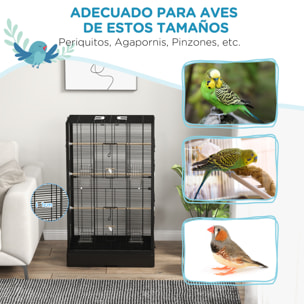 Jaula para Pájaros 61x36,5x98 cm Pajarera con Puertas Perchas Bandeja Extraíble Cajas de Comidas y Asas Jaula para Ninfas Periquitos Pinzones Canarios Negro