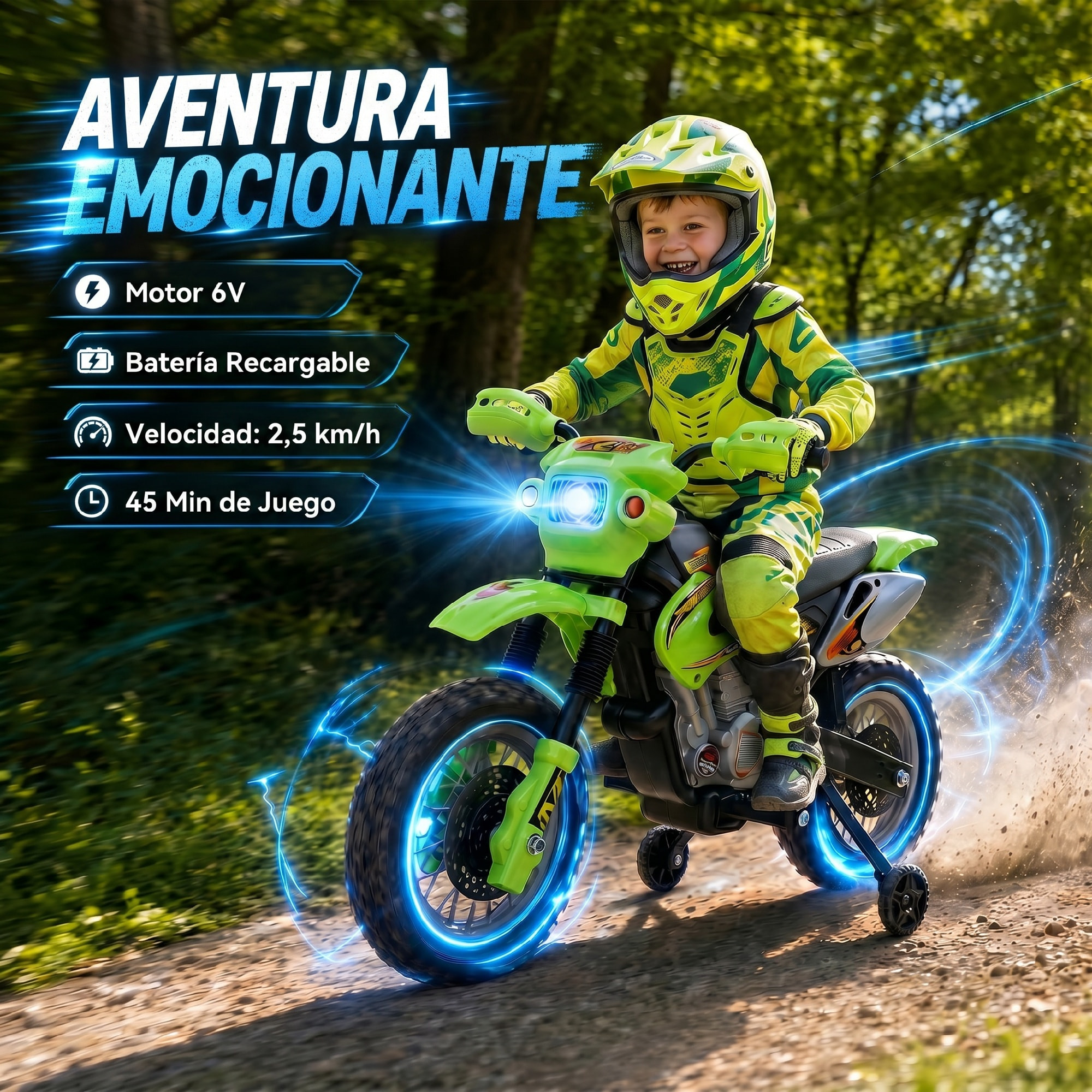HOMCOM Moto Eléctrica para Niños, Moto Eléctrica Infantil con Ruedas de Apoyo Desmontables, Faros, Música, Regalo para Niños 3-6 Años, Verde