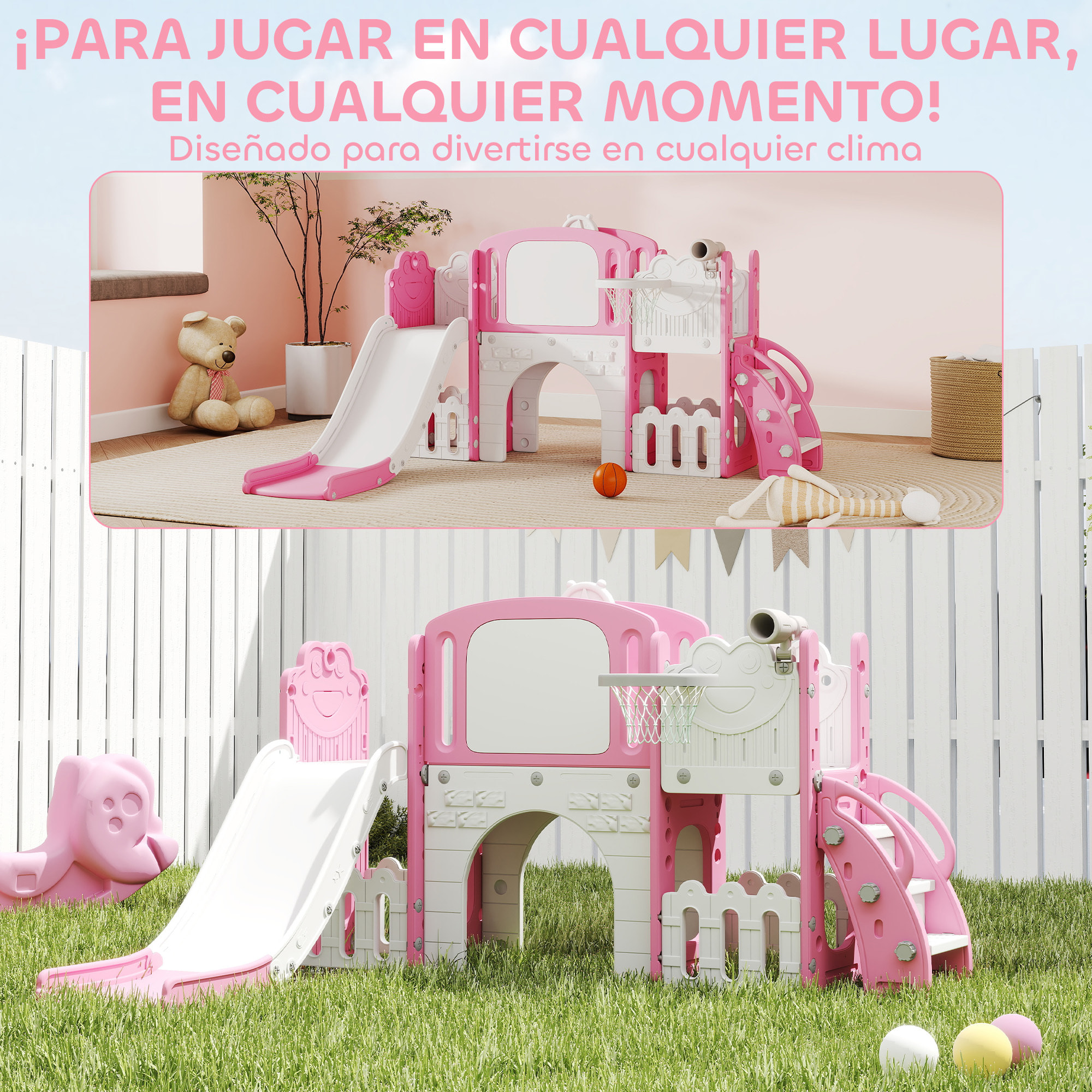 Tobogán Infantil 7 en 1, Tobogán para Niños de 1-3 Años, Temática de Rana, con Aro de Baloncesto, Túnel, Pizarra, Telescopio de Juguete, Escalador y Cajas, para Interior y Exterior, Rosa