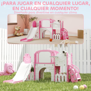 Tobogán Infantil 7 en 1, Tobogán para Niños de 1-3 Años, Temática de Rana, con Aro de Baloncesto, Túnel, Pizarra, Telescopio de Juguete, Escalador y Cajas, para Interior y Exterior, Rosa