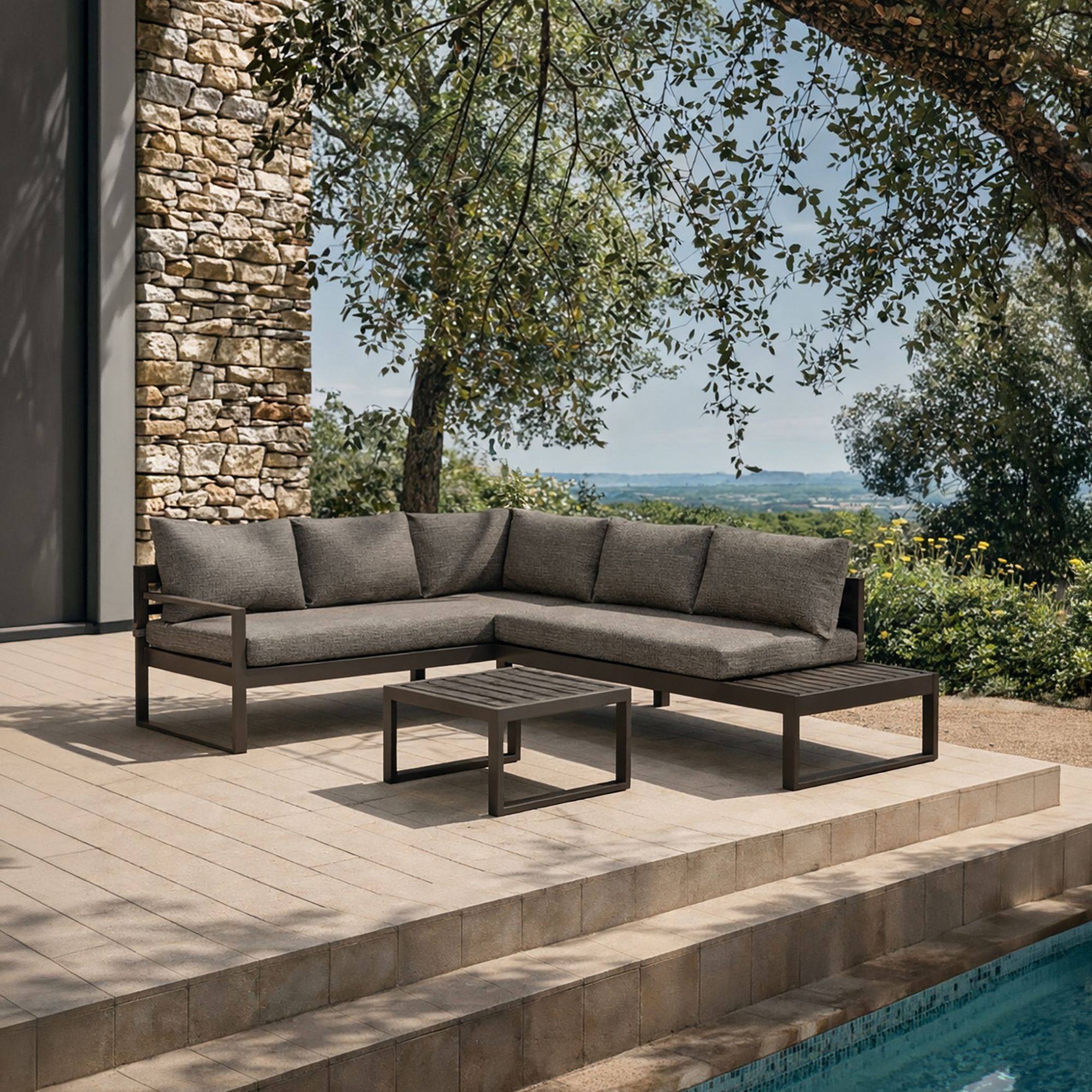 Salon de jardin d'angle 5 places en aluminium et tissu moka PISA