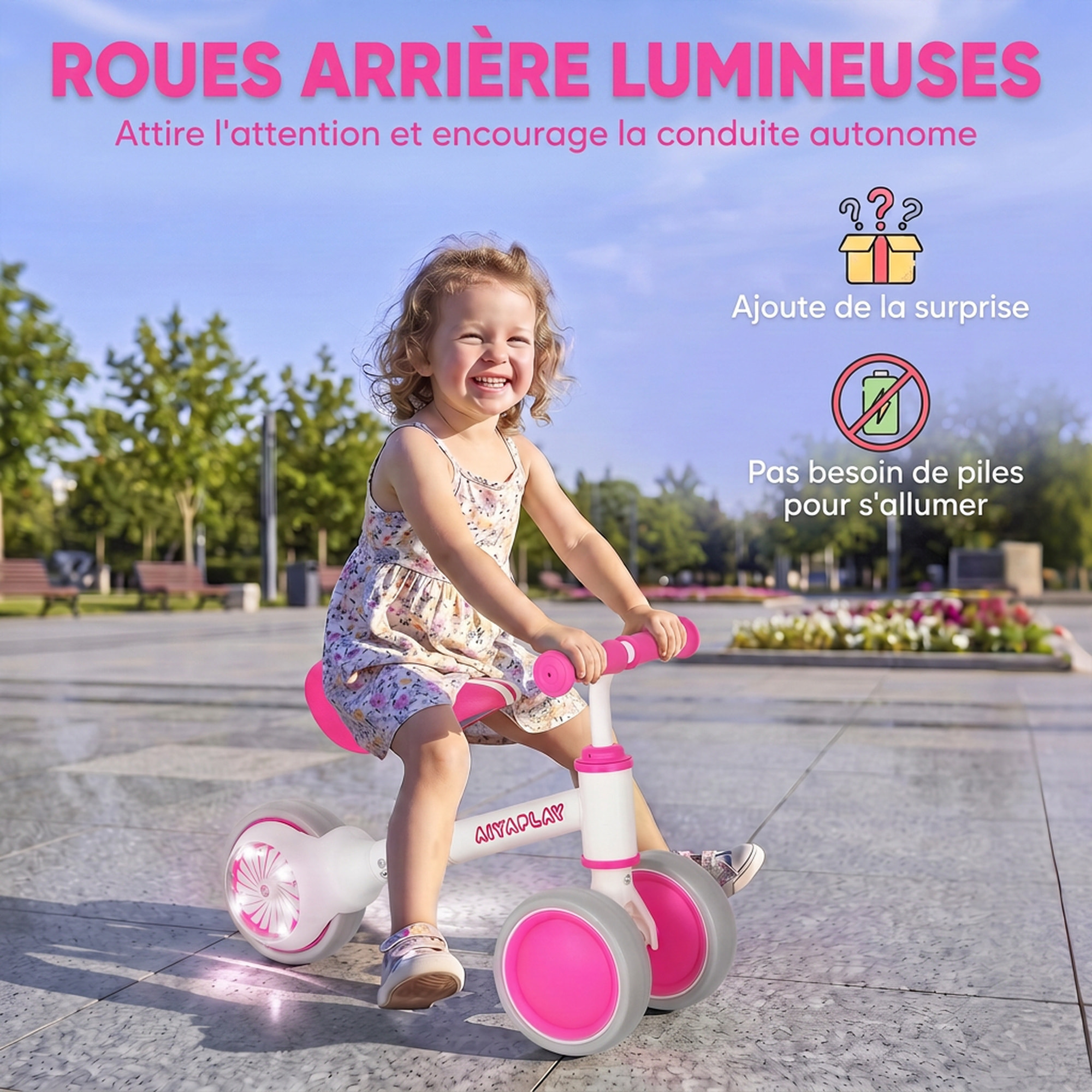 Draisienne enfant 3 roues roue AR lumineuse selle réglable rose