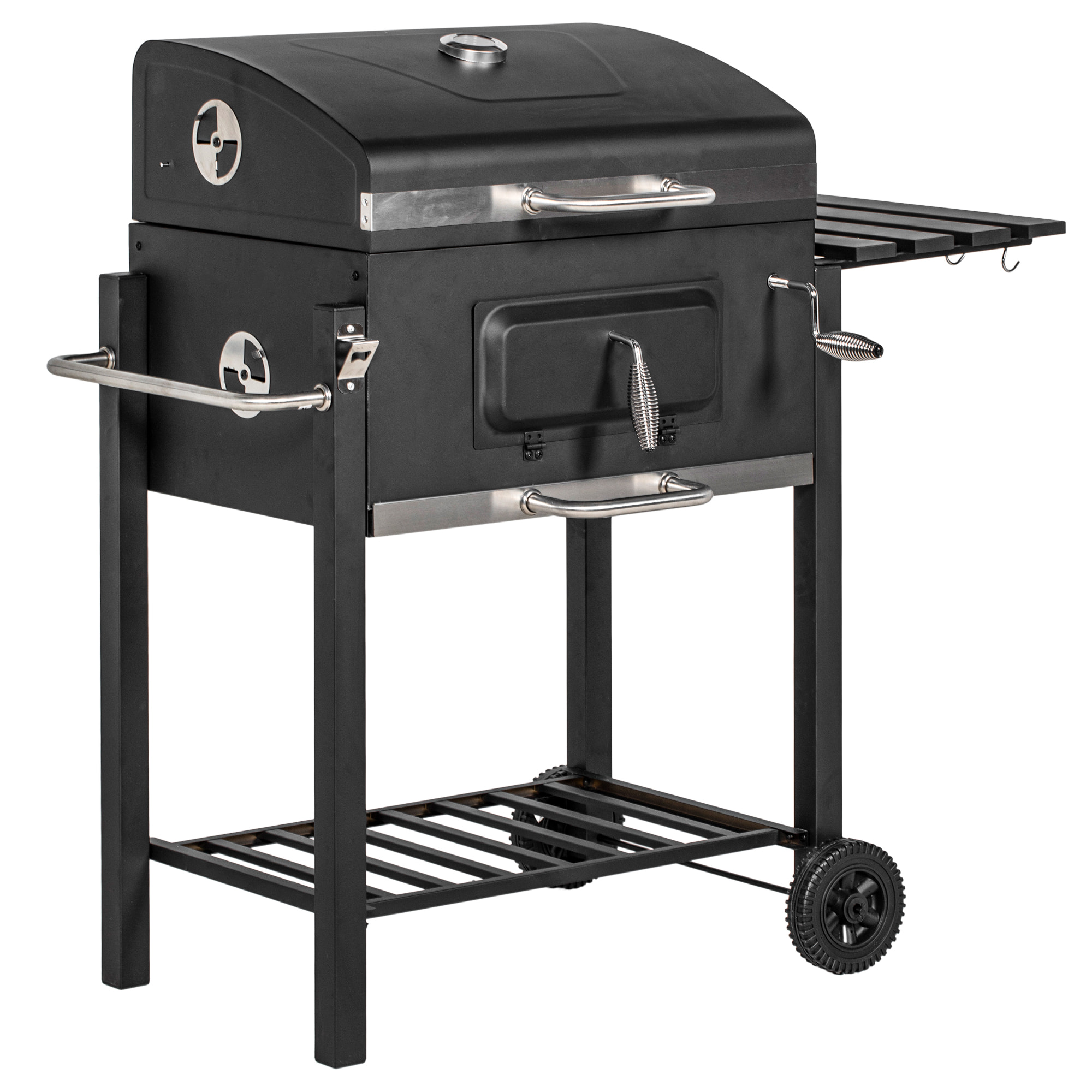 Barbacoa de Carbón con Ruedas Barbacoa con Tapa Parrillas de Acero Inoxidable Termómetro Brasero Ajustable Bandeja Lateral y Estante 113x65x108 cm Negro
