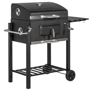 Barbacoa de Carbón con Ruedas Barbacoa con Tapa Parrillas de Acero Inoxidable Termómetro Brasero Ajustable Bandeja Lateral y Estante 113x65x108 cm Negro