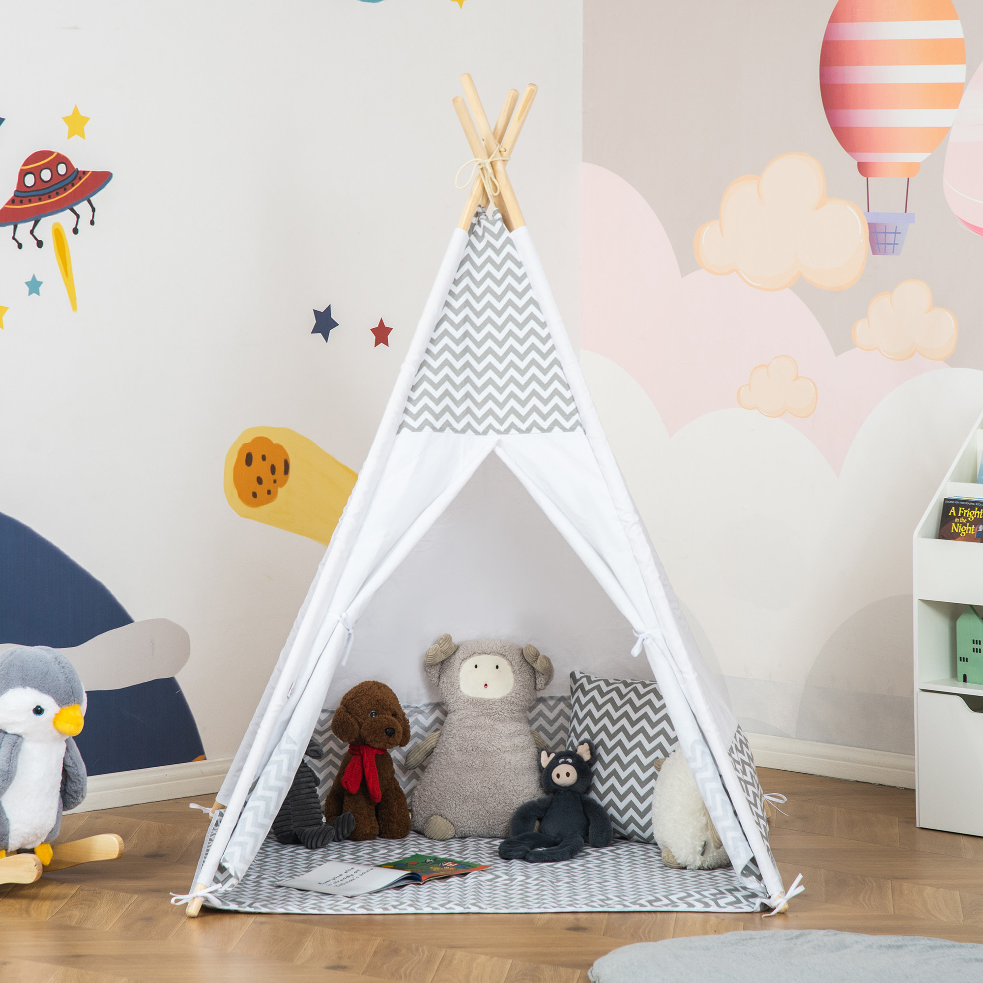 Tente teepee indien enfant style graphique - dim. 1,2L x 1,2I x 1,55H m - porte refermable, fenêtre, tapis, coussin, sac transport inclus - structure bois, toile polyester coton gris blanc