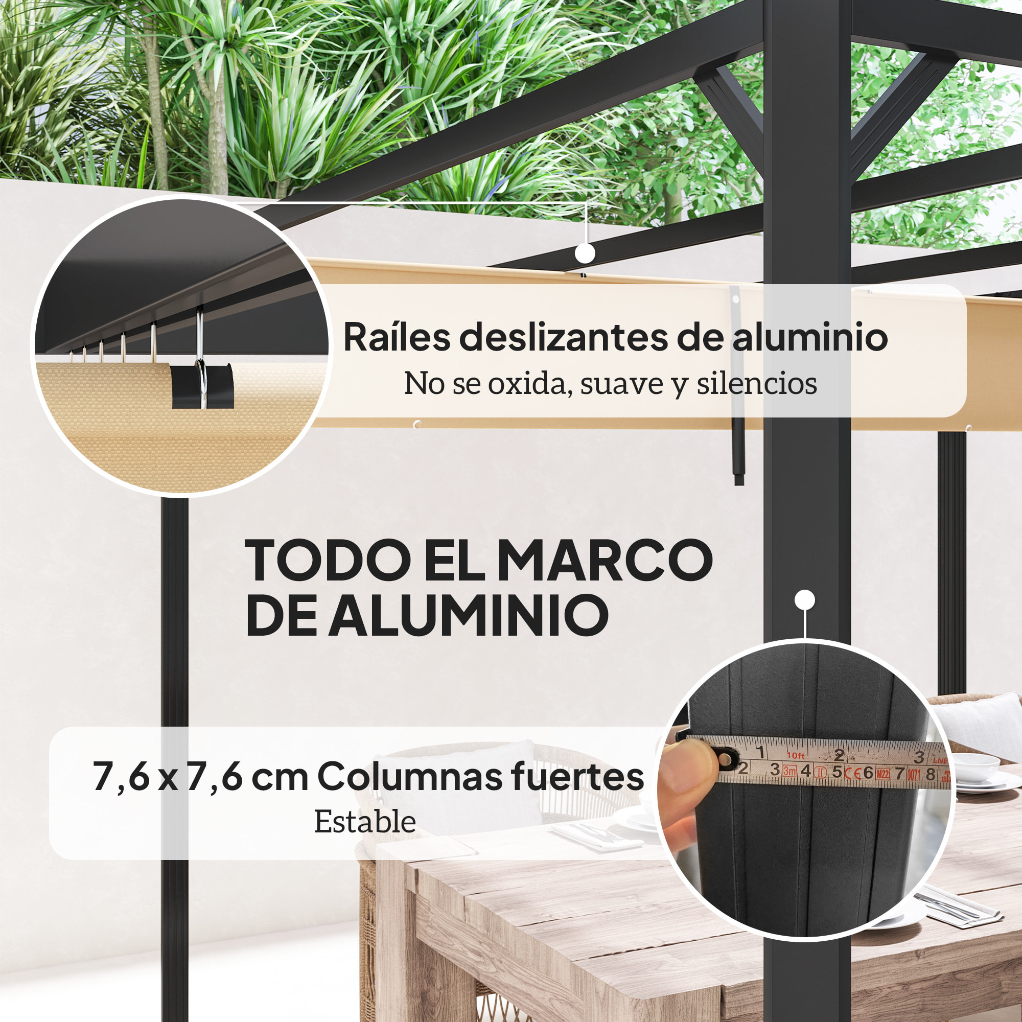 Pérgola de Aluminio con Techo Retráctil Pérgola 3x3 m Cenador con Cortina Enrollable Protección UV30+ Pabellón para Jardín Patio Terraza Exterior Caqui