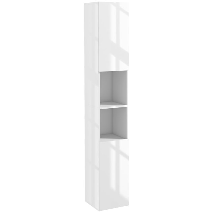kleankin Armario de Baño Alto, Mueble de Baño Estrecho con Puertas y Estantes Ajustables, 30x30x81,5 cm, Blanco Brillo