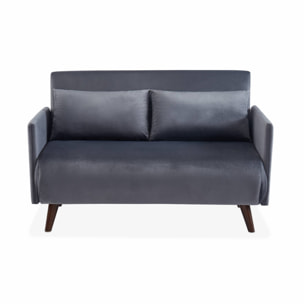 Canapé convertible en velours - Panam - 2 places scandinave. pieds bois foncé. gris foncé. banquette. dossier inclinable