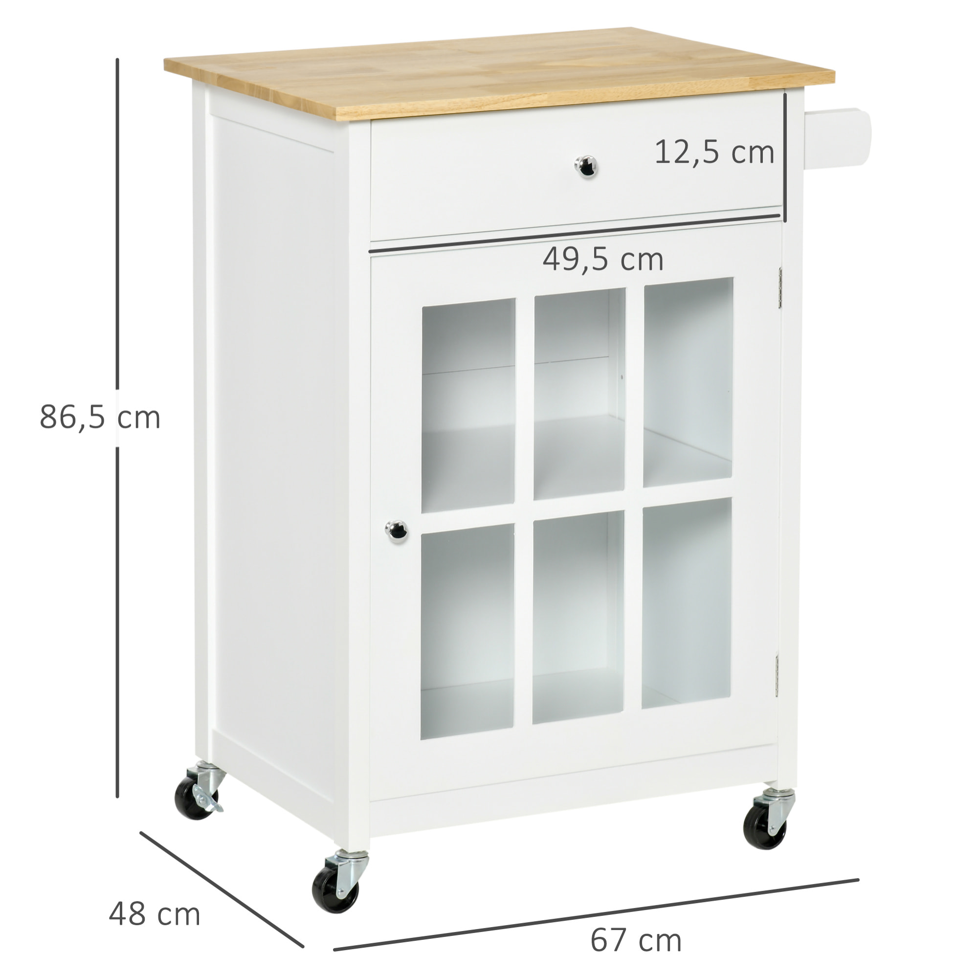 Desserte de cuisine à roulettes multi-rangement - placard porte vitrée avec étagère réglable, tiroir, porte-torchon - blanc aspect chêne clair