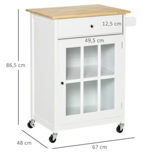 Desserte de cuisine à roulettes multi-rangement - placard porte vitrée avec étagère réglable, tiroir, porte-torchon - blanc aspect chêne clair