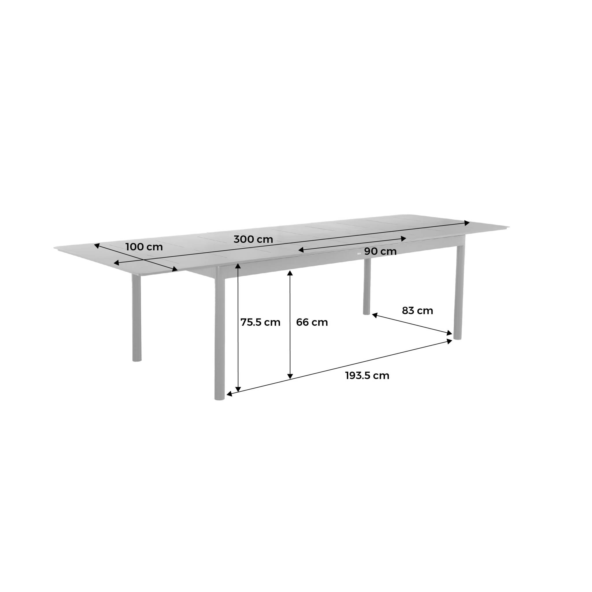 Table de jardin CHARLESTON extensible aluminium anthracite. 8 places. 210/300 x 100 x 75.5 cm