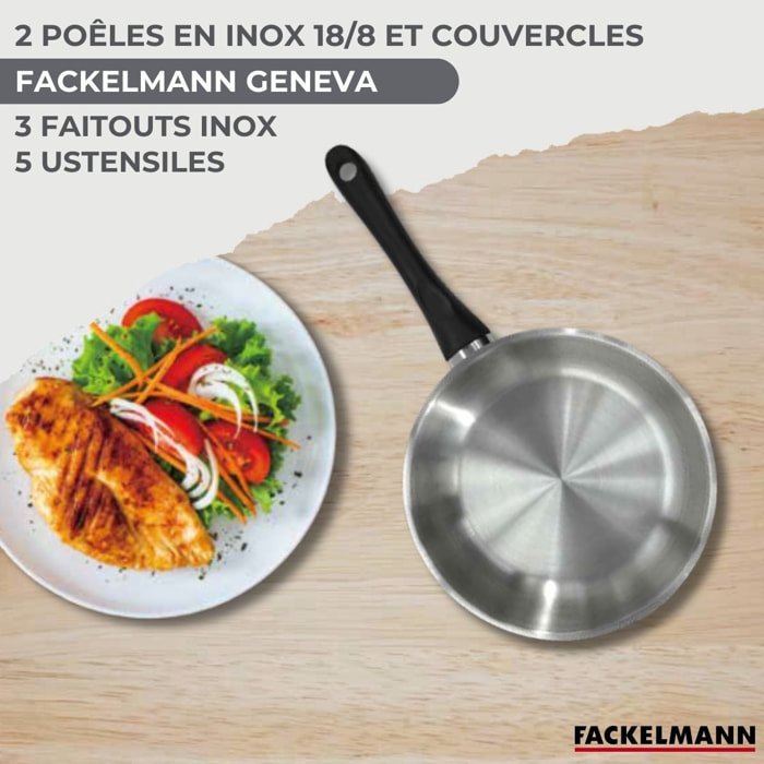 Lot de 2  Poêles avec couvercles et 3 Faitouts 16/20/24 cm Fackelmann Généva avec 5 ustensiles Océan