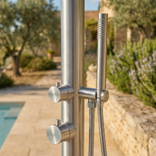 Douche extérieure inox 316L, eau chaude/froide, douchette à main, inox brossé (TS1013)