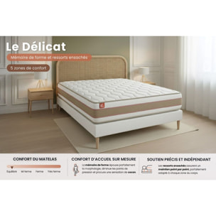 Ensemble Matelas Le Délicat - 26cm - Ressorts ensachés et mémoire de forme - Technologie hybride, fabrication responsable. - Sommier kit Beige