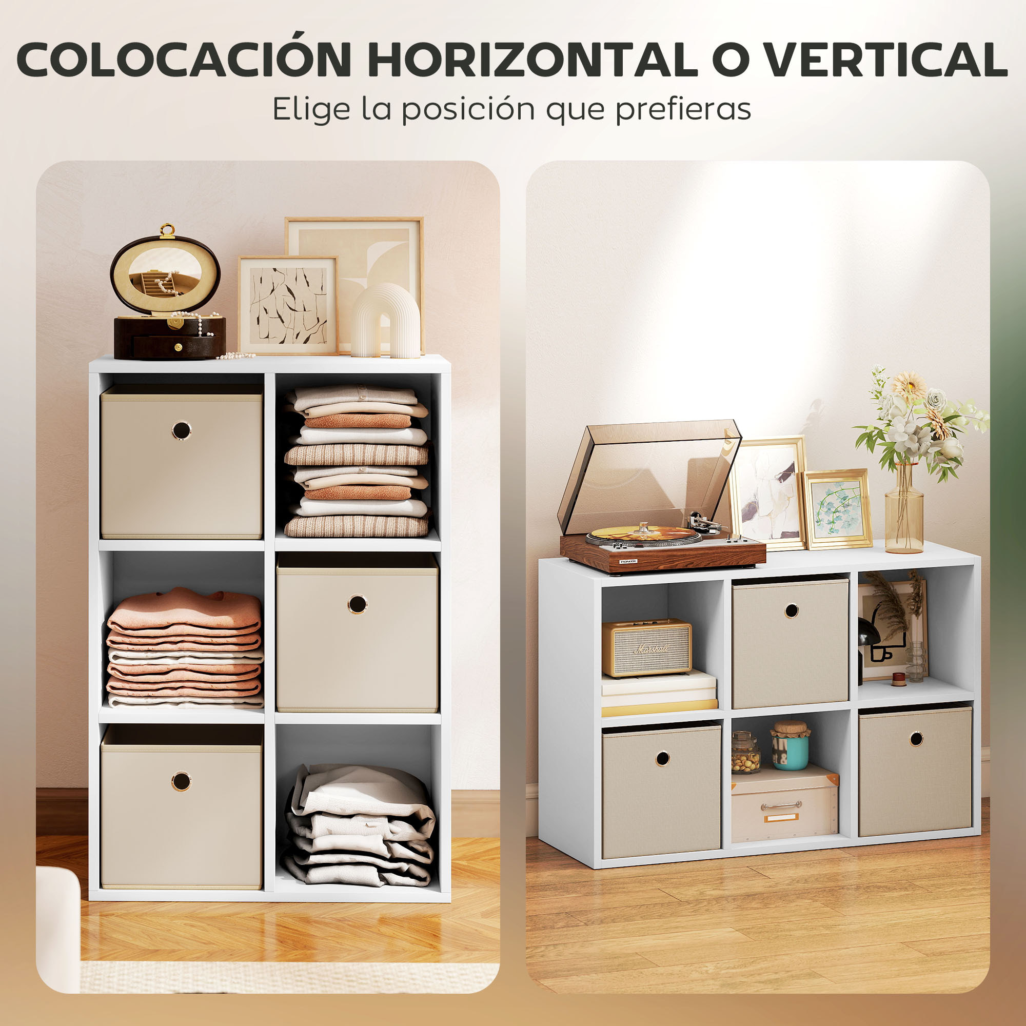 Estantería de 6 Cubos, Librería, Estantería para Libros con 3 Cajones de Tela, Horizontal o Vertical, para Salón, Dormitorio, Estudio, 53,7x30x79,8 cm, Blanco y Beige