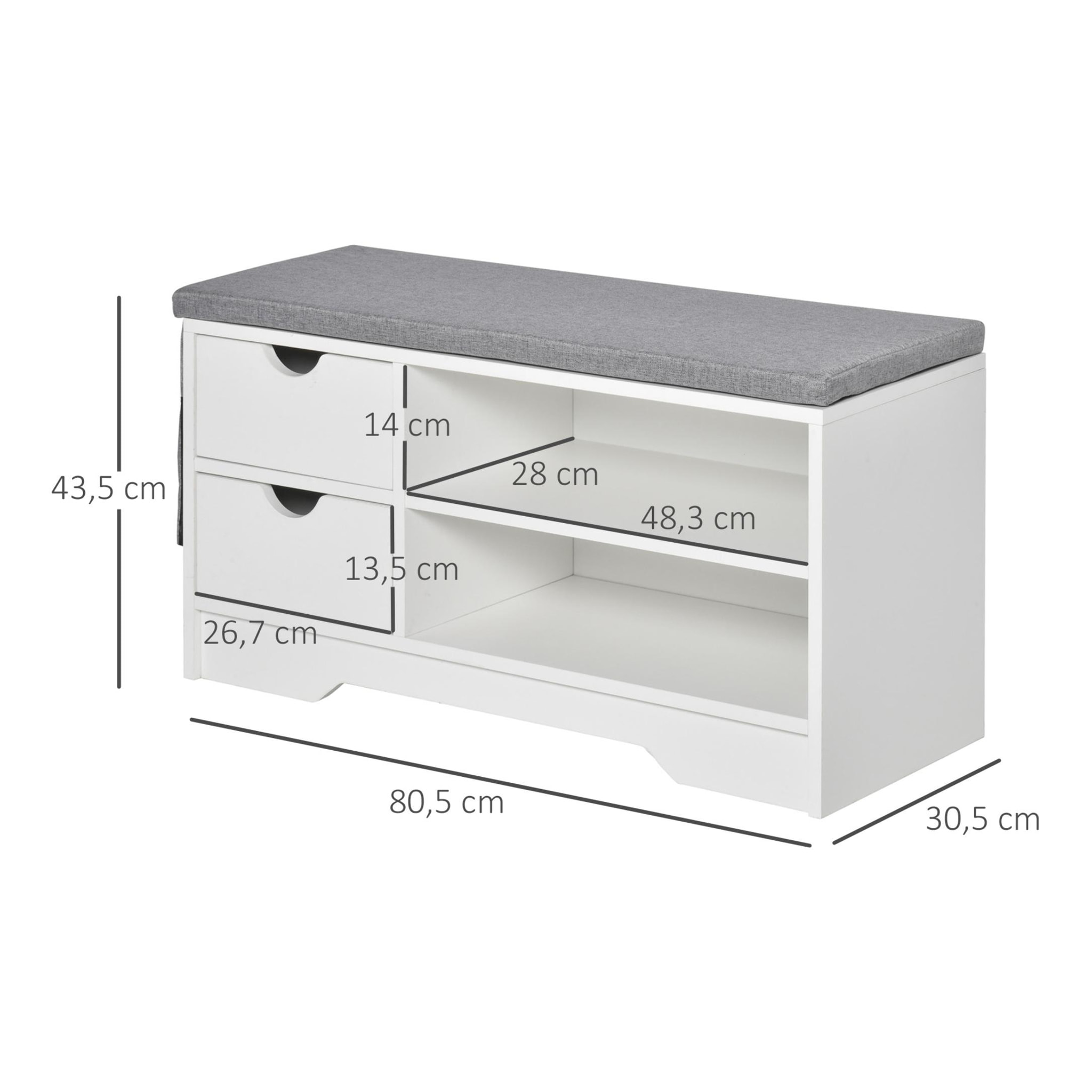 Meuble chaussures et banc à chaussures avec coussin gris 2 étagères et 2 tiroirs MDF 80,5 x 30,5 x 43,5 cm gris et blanc