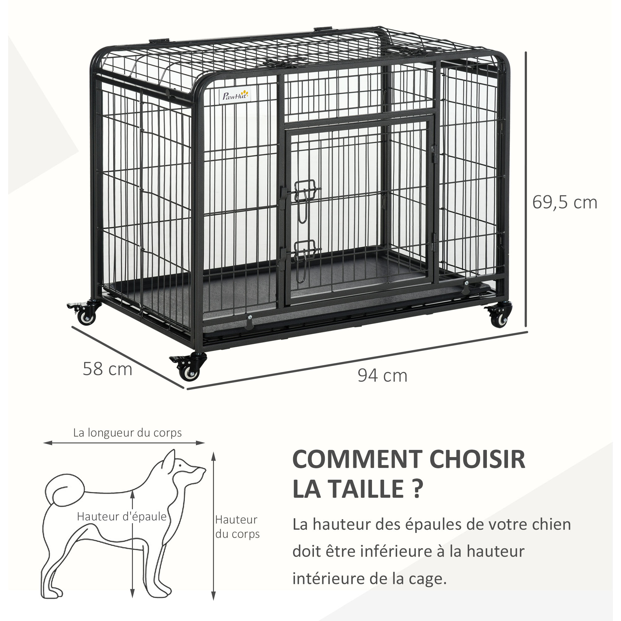 Cage chiens pliable sur roulettes 2 portes verrouillables métal gris noir