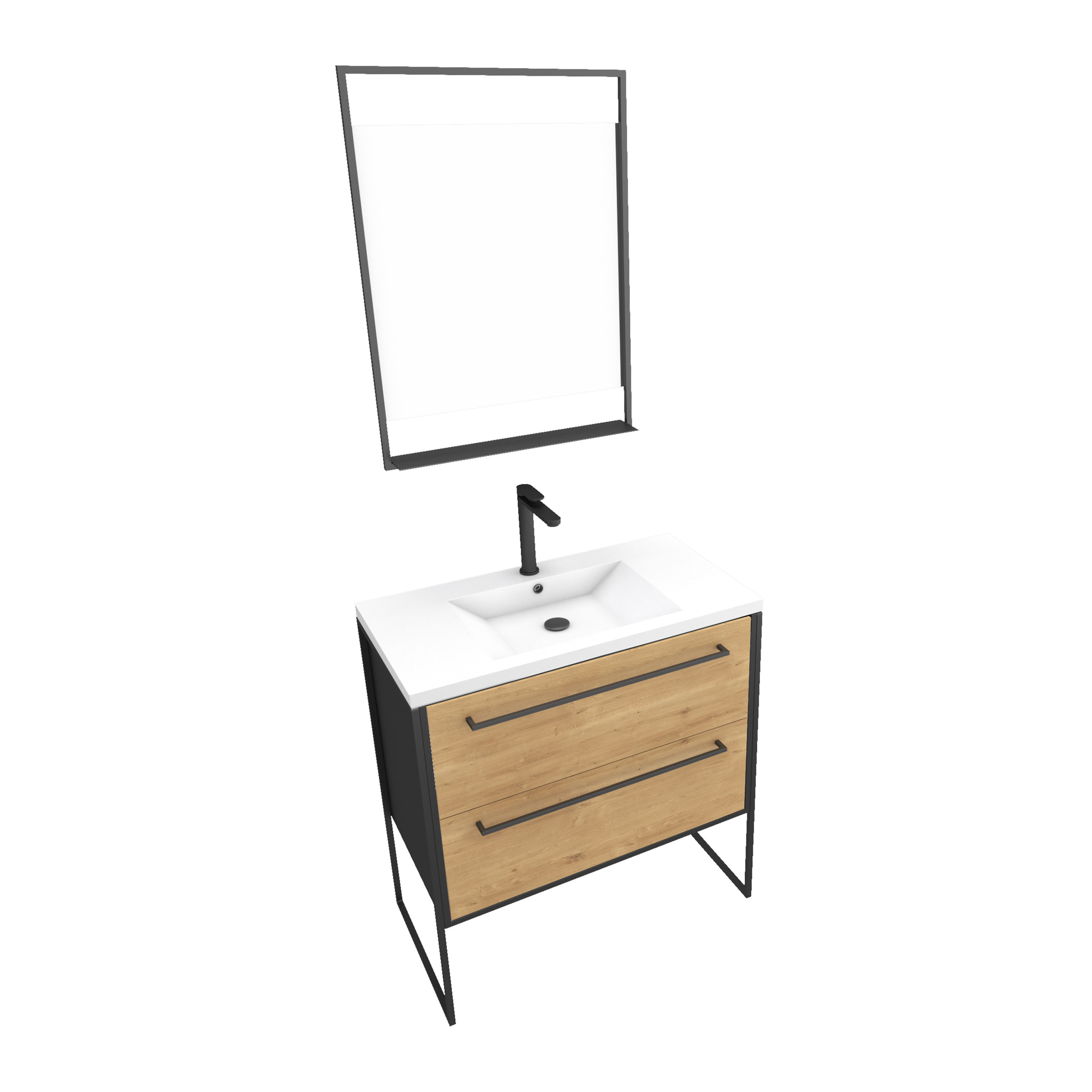 Meuble Salle de Bains 80 cm, Vasque Résine Blanche, Miroir Led - Finition Chêne et Noir - STRUCTURA
