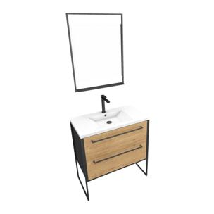 Meuble Salle de Bains 80 cm, Vasque Résine Blanche, Miroir Led - Finition Chêne et Noir - STRUCTURA