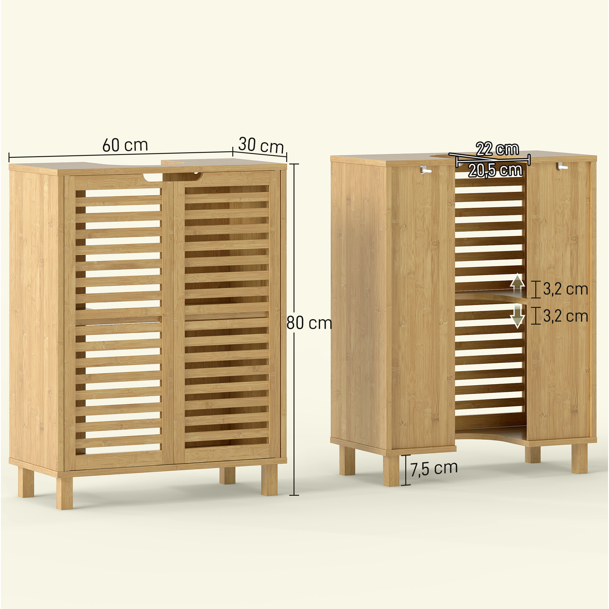 Mueble Bajo Lavabo, Mueble de Baño de Bambú con 2 Puertas de Lamas, Estante Ajustable, para Lavabos con o sin Pedestal, 60x30x80 cm, Natural