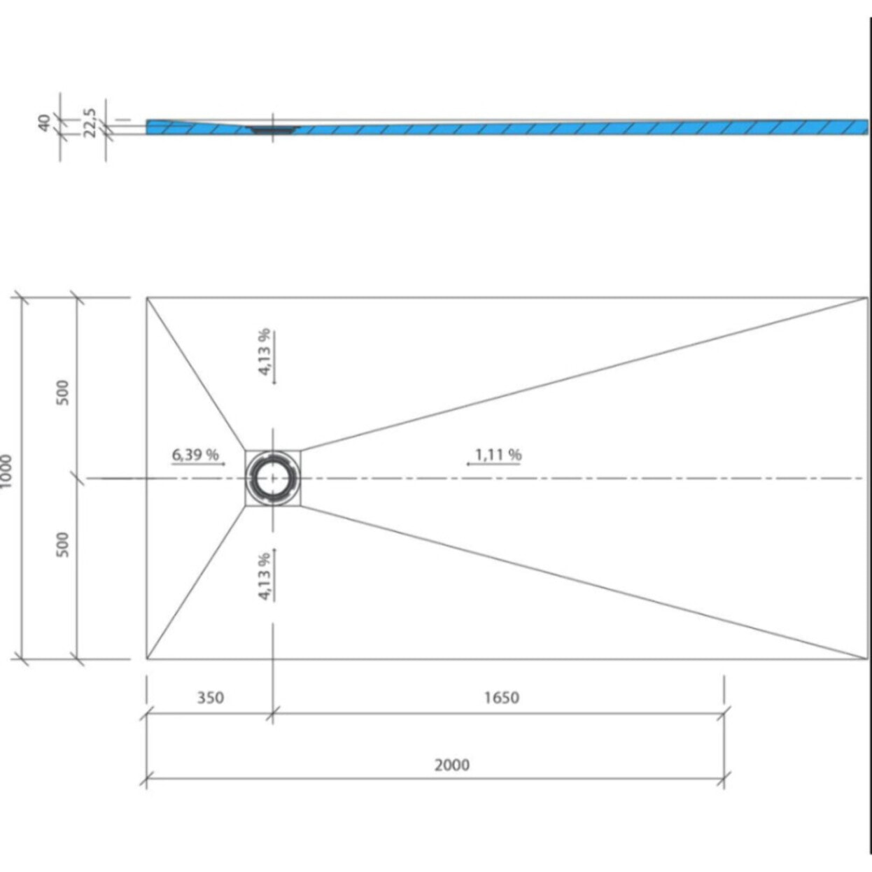 Receveur de douche à carreler 200 x 100 WEDI Fundo Primo rectangle écoulement excentré + bonde horizontale + kit d'étanchéité