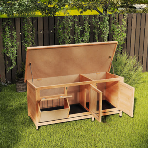 Conejera de Madera, Jaula para Conejos con Techo Asfáltico Abatible, Puertas con Pestillo, Bandejas Extraíbles y Comedero, Conejera para Exterior, 112x50x54 cm, Amarillo