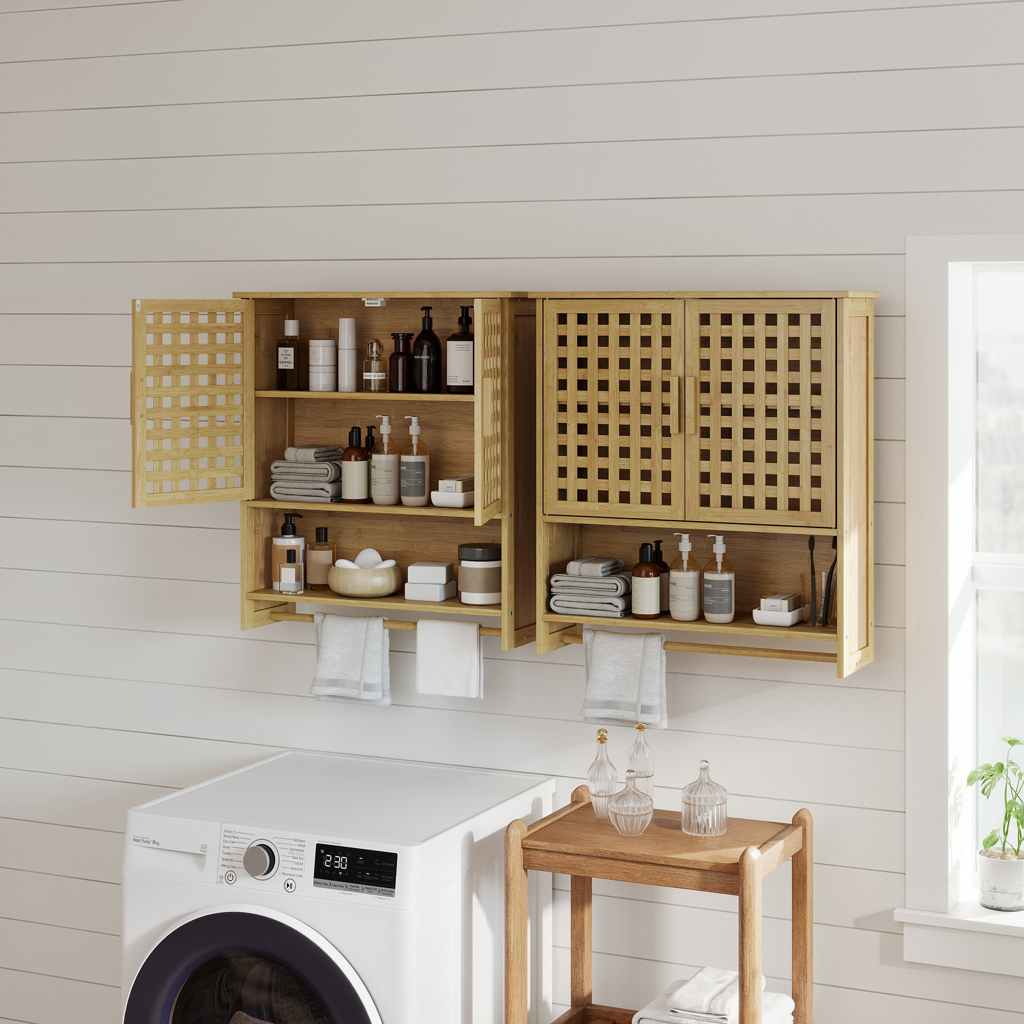 Armario de Baño de Pared de Bambú, Mueble de Baño Colgar con 2 Puertas de Celosía, Estante Abierto y Estante Ajustable, para Cocina, Lavadero, Natural