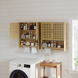 Armario de Baño de Pared de Bambú, Mueble de Baño Colgar con 2 Puertas de Celosía, Estante Abierto y Estante Ajustable, para Cocina, Lavadero, Natural
