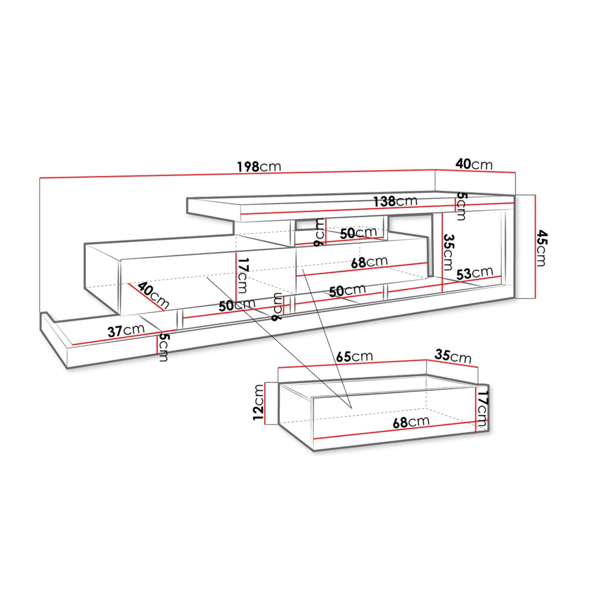 Olga - meuble TV - effet bois et blanc - 2 tiroirs - 198 cm - Bois / Blanc