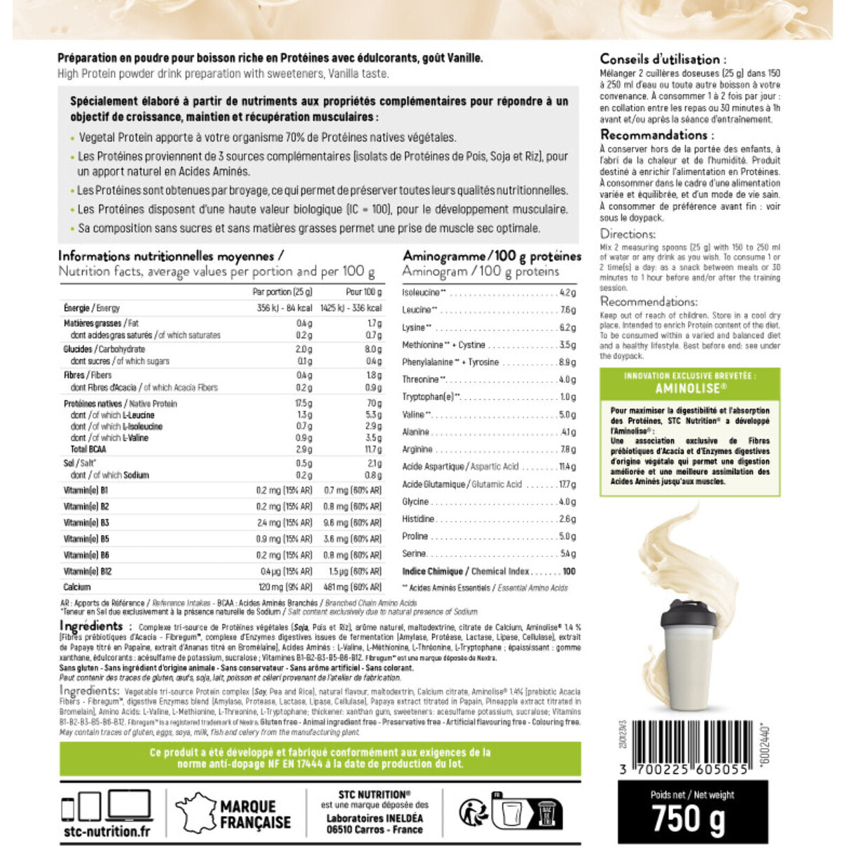 STC NUTRITION - Vegetal Protein - Alternative 100% Végétale - Pois + Soja + Riz - Sans Sucre, Sans Matières Grasses - Vanille - Sans Colorant, Sans Gluten - 100% Végan - 750 g