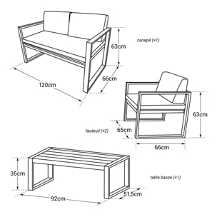Salon de jardin IBIZA en tissu gris 4 places - aluminium blanc