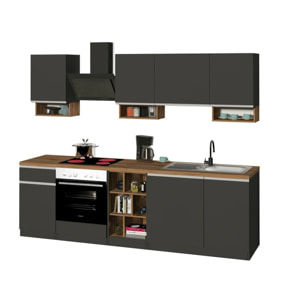 Cucina completa Dcelient, Cucina pratica e salvaspazio, Parete da cucina con 7 ante e 1 cassetto, 100% Made in Italy, 255x60h85 cm, Antracite e Rovere