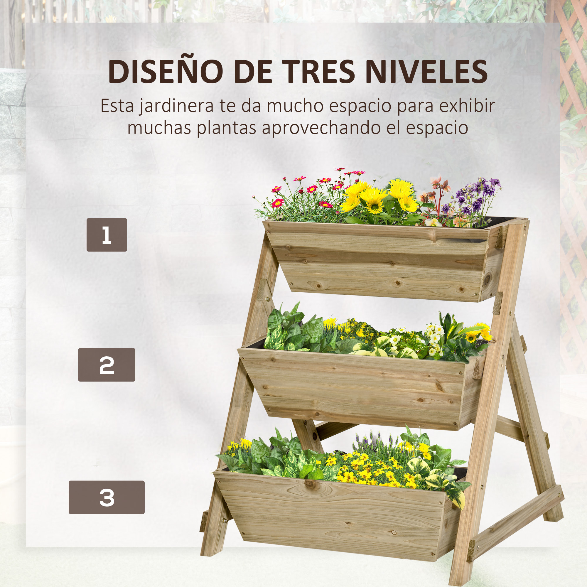 Jardinera de Escalera de 3 Pisos Maceteros de Madera con Tela no Tejida y Orificios de Drenaje Huerto Urbano para Plantas Macetas Flores Jardín 71x61x77 cm Natural