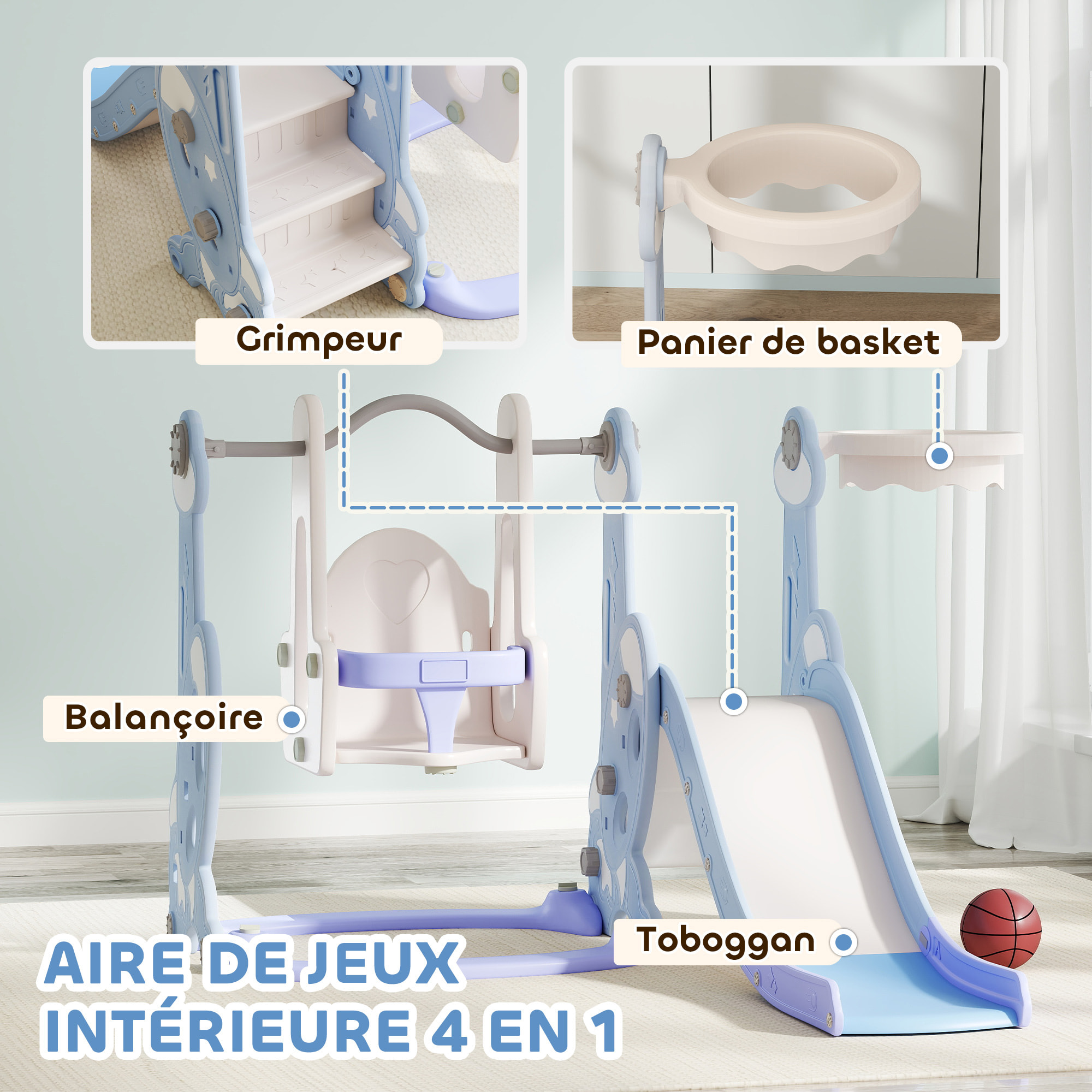 Toboggan balançoire panier basket enfant 3 en 1 design fusée HDPE blanc bleu