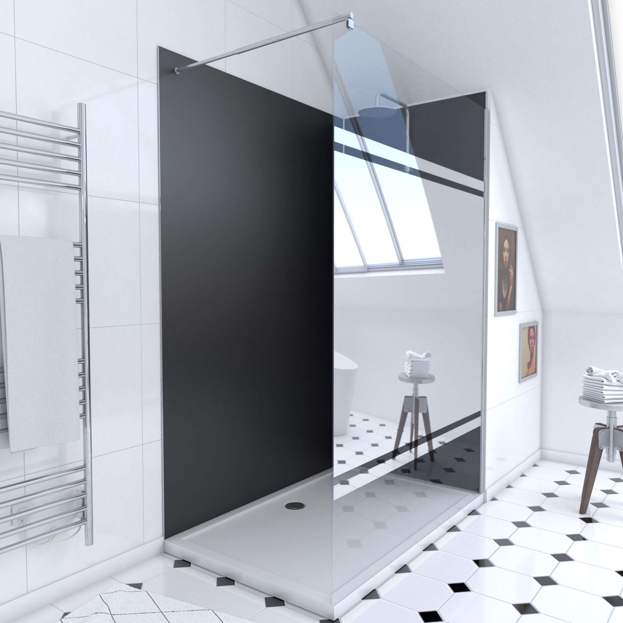 Pack Douche a l'Italienne 90x120 - Kit Panneaux Muraux Noir/Chrome + Receveur + Paroi Miroir 8 mm