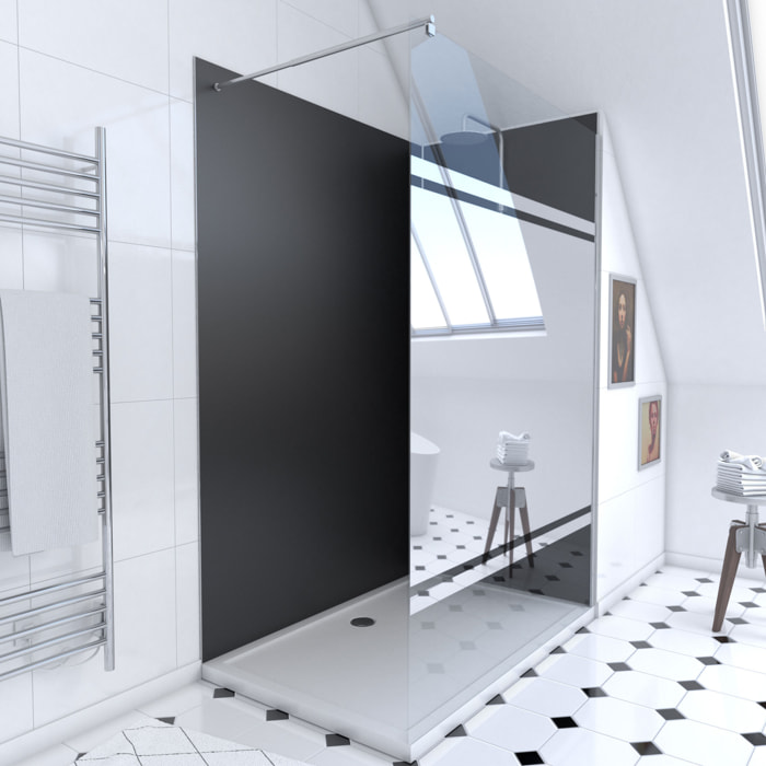 Pack Douche a l'Italienne 90x120 - Kit Panneaux Muraux Noir/Chrome + Receveur + Paroi Miroir 8 mm