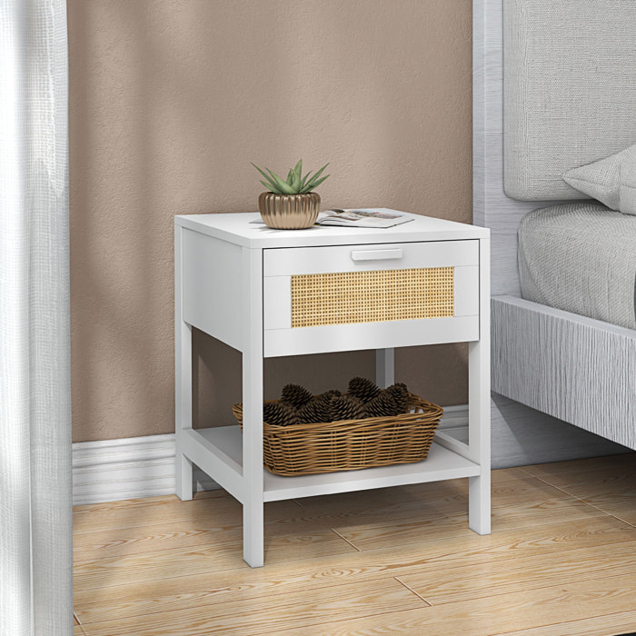 Table de chevet tiroir et étagère cannage en rotin dim. 40L x 40l x 48H cm MDF aspect bois blanc